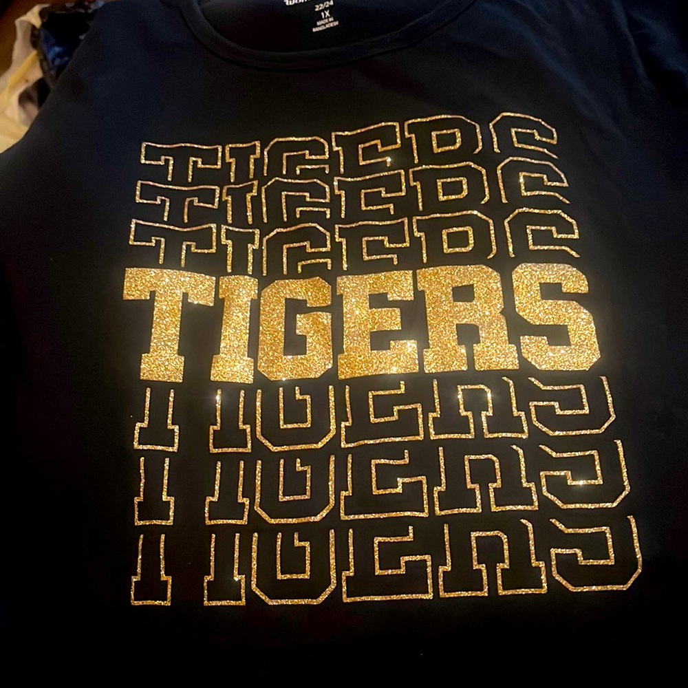 Women Black Tee with Tigers written in Gold glitter
